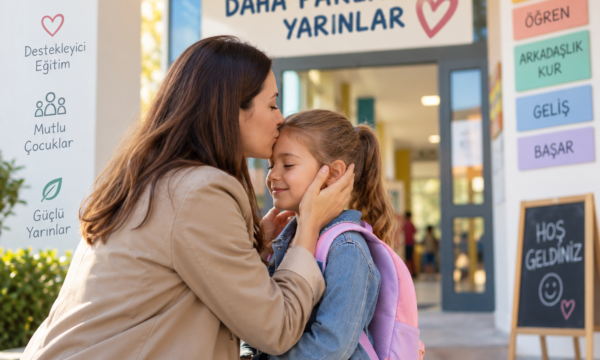 Okula uyum sürecinde çocuğuyla vedalaşan anne – Bilmer Akademi